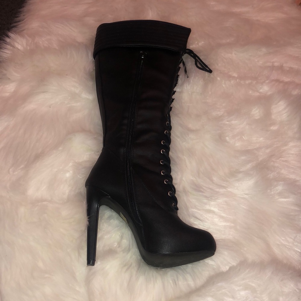 black lace up high heel boots